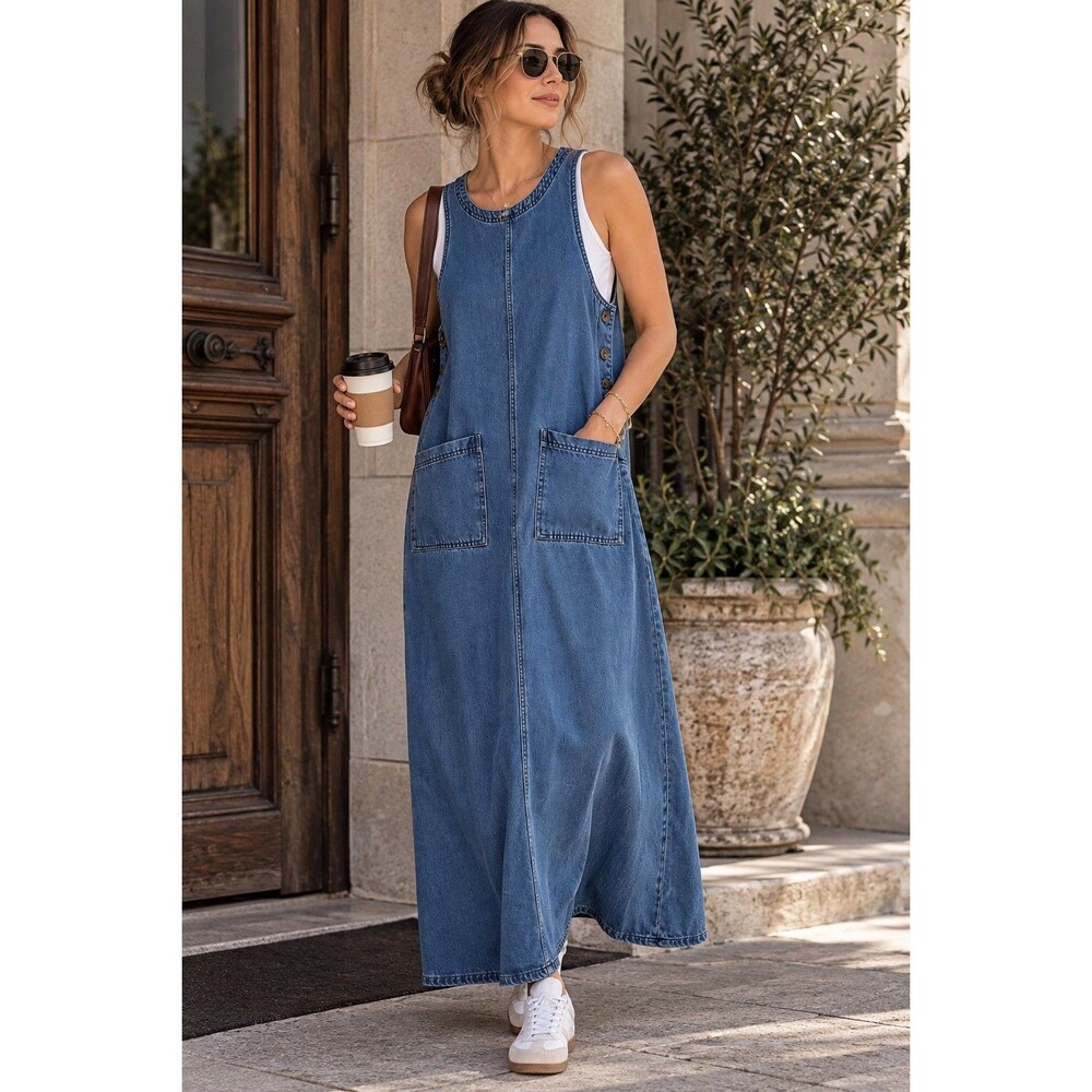 AKS Amy K Su Petite XS Blue Tencel Lyocell Denim Jumper Maxi Dress Pinafore